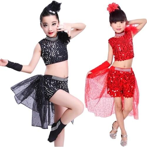 Girl Jazz Dance Costumes for Girls Stage Dance Show Clothing Kid Hip Hop Set Children Sequins Dancing Suit Red Black