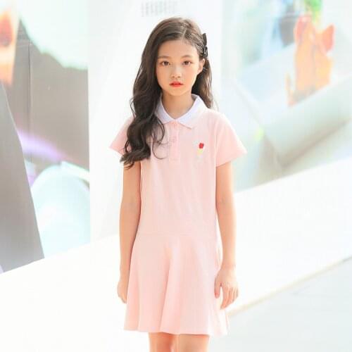 4 to 12 years kids & big girls summer blue pink turn-down collar school uniform flare dress children cotton casual dresses
