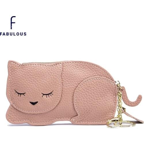 Pebble Leather Cute Cartoon Small Cat Mini Coin Purse Wallet for Women and girls Zipper Credit Card Holder