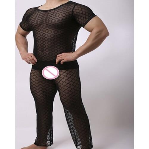 Fashion Mens Mesh Argyle Transparent Sleep Pajama Sets Sexy Bodybuilding Short T Shirts And Long Pants