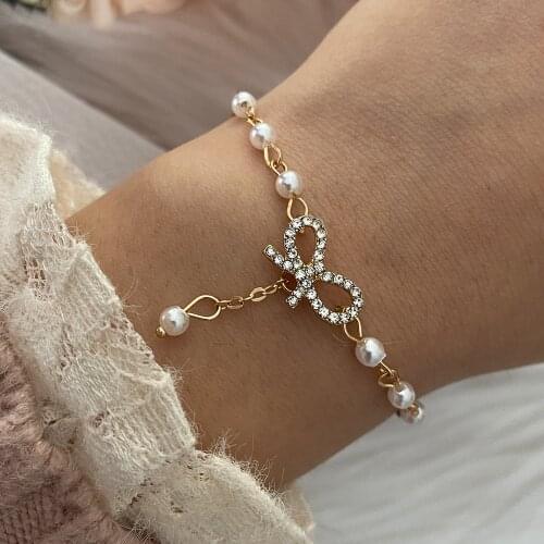 Fashion Bow Pearl Bracelet for Women Rhinestone Zircon Gold Color Chain Bracelets Prom Jewelry Party Friendship Girl Gift