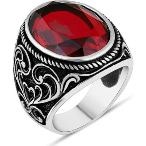 925 Sterling Silver Oval Facet Cut Red Zircon Stone Mens Ring with Heart Pattern Zirconia Exclusive Ring