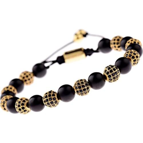 DOUVEI Luxury Black CZ Ball Copper Bracelets & Bangles Men Charm Black Stone Beads Bracelet Macrame Braided Jewelry ABL048