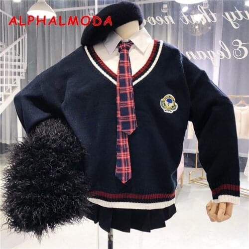 ALPHALMODA Preppy 4pcs Sets V-striped Collar Embroider Badge Loose Pullovers Sweater + Tie + Bottom Shirt + Pleated Campus Skirt