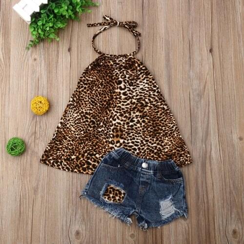 2Pieces Summer New Fashion Kids Baby Girls Outfits Leopard Tops Tanks+Jeans Shorts Summer Causal Stylish Holiday Outfits 1-6Y