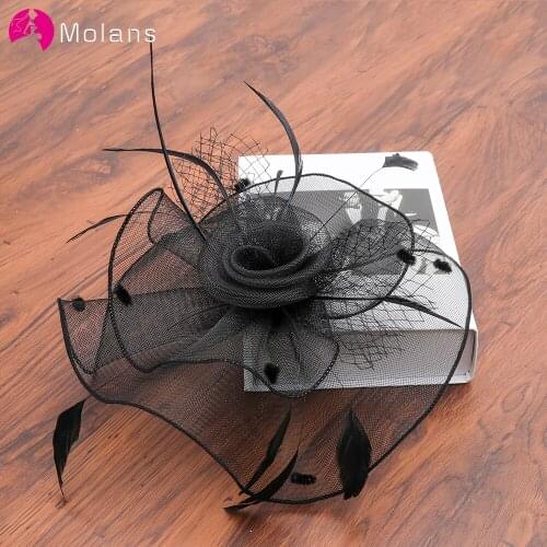 Molans 2020 New Elegant Feather Headband Black White Color Flower Hair Hoop for Bridal Wedding Retro Mesh Hair Accessories