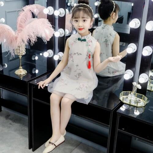Summer New Girl Clothes Kids Dresses For Girls With Pendant Cheongsam Embroidery Princess Teenage Sleeveless Dress