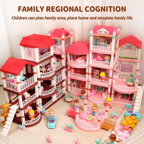 Princess Villa Assembly Diy Light Music Doll House Model Pink Castle Game Room With Doll Kit Girl Toy Birthday Gift Family Toys