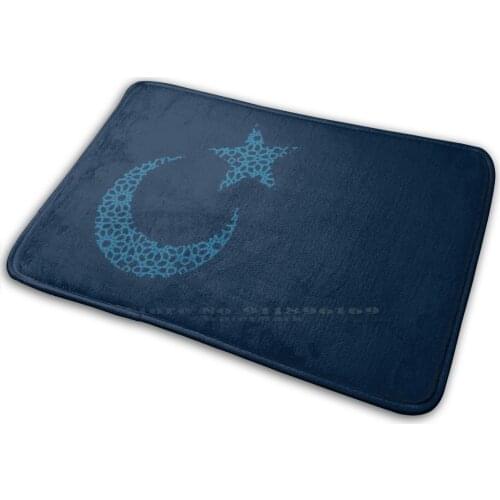 Ramadan Crescent Moon And Star In Blues With Islamic Pattern Mat Rug Carpet Anti-Slip Bedroom Entrance Door Mat Ramadan Moon