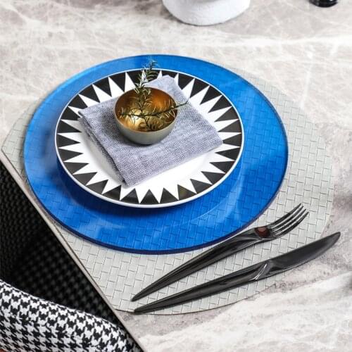 Luxury Klein Blue Tableware Dinner Plate Western Style Blue Acrylic Round Tray Placemat Set Black White Geometric Ceramic Plate