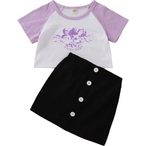 Cute Girls Outfit Set Short Sleeve Angel Letter Print Tops+Skirt Set for Children Girls Two Piece Set Girls Summer Suits