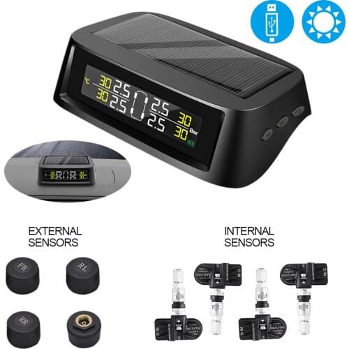 Tire Pressure Monitoring System LCD Display Tire Pressure Sensor 0-8 bar Digital TPMS Solar TPMS USB Auto Security Alarm