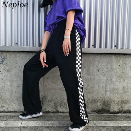 Neploe Woman Man Sweatpants Side Black and white Plaid Pants 2021 Causal Loose Trousers Korean Fashion Harajuku Pants 35803