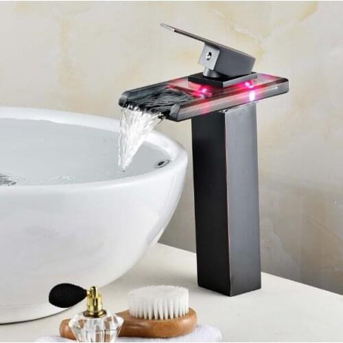 Vidric Square LED Faucet LED Bathroom Basin Faucet Brass Chrome/Nickel/Black LED Waterfall Taps Water Power Basin Led Mixer Torn