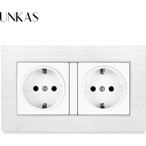 UNKAS EU Standard 146MM * 86MM Plug Black Aluminum Metal Panel Wall Power Socket Electrical Double White Gold Outlet