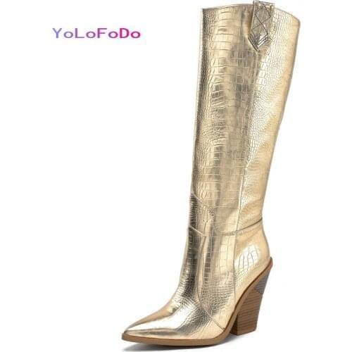 Western Boots Fashion Wedding Pointed Toe Women Knee High Boots Slip on Boots Autumn Winter Shoes Big Size 43 Yellow Black Brown