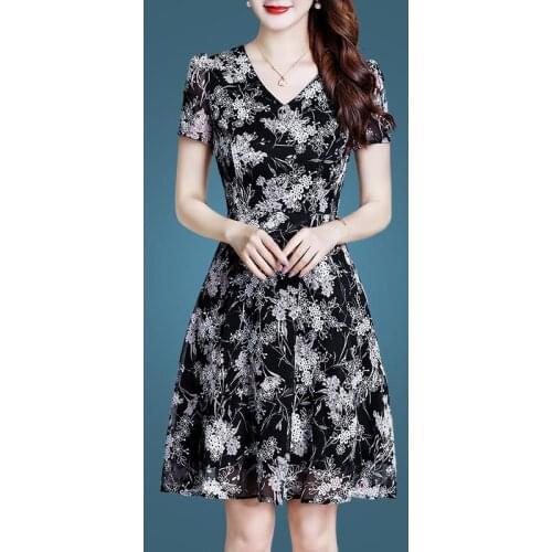 V-neck Ink And Wash Summer Print Flower Embroidery Fashion Age Reduction Female Classic Temperament Floral Coctail Dress 9160