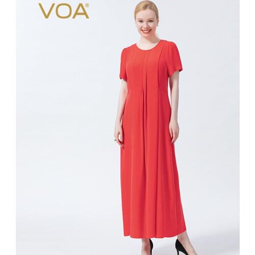 VOA Silk Dream Red O-Neck Short Sleeve Invisible Zipper Elegant Party Wedding Anniversary Gift Summer Womens Dress 2021 AE971