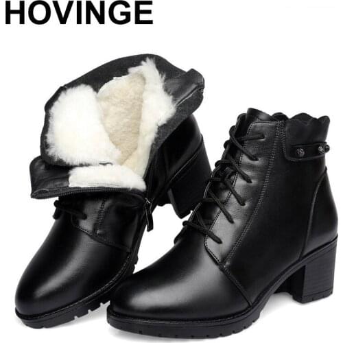 HOVINGE Natural Wool Winter Warm Women Snow Boots Genuine Leather Ankle Boots