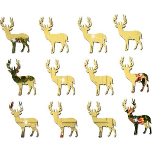 12pcs/set Cartoons Christmas DIY Mirror Acrylic Reindeer christmas tree Wall Stickers Living Room Bedroom Decor Self-adhesive
