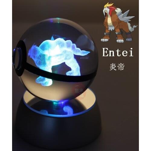 Anime Pokemon Ball Engraving Crystal Poke Ball Entei Figure Model Toy with LED Light for Kids Gifts