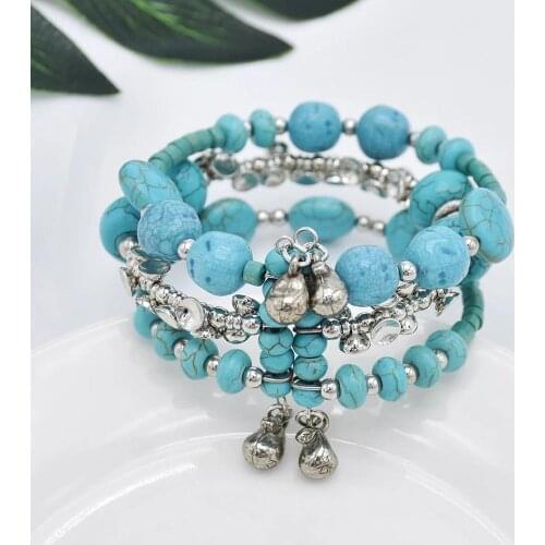 Bohemian Vintage Turquoises Bracelets for Women Beads Bells Tassel Hand Charm Bracelet Wristbands Fashion Ethnic Party Jewelry