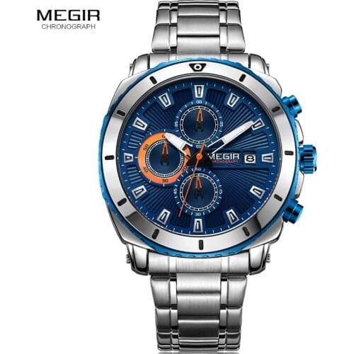 MEGIR Men' Chronograph Quartz Watches Stainless Steel Formal Dress Analogue Wristwatche for Man Blue Dial Luminous Hands 2075G-2