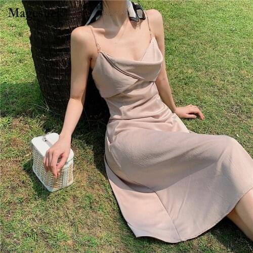 2021 Stain Casual Sexy Dresses Summer Fairy Sleeveless Long Dress V Neck Blue Apricot Party Dress Evening Clothing Robe 14572