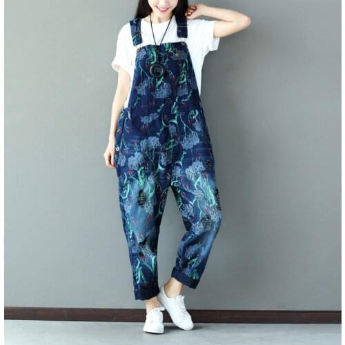 Wide Leg Denim Overalls Women Baggy Printed Suspenders bib Cowboy pants plus size Low Drop Crotch hole ripped jean Jumpsuits