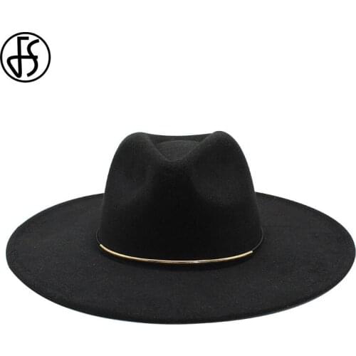 FS 2020 Autumn Winter Big Wool Fedora Hat Wide Brim Women Men Metal Chain Panama Lady Trilby Jazz Felt Hats Chapeau Sombrero