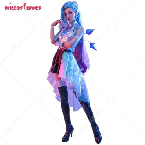 Presale Seraphine K/DA ALL OUT Cosplay Superstar Blue Shiny Symphony Laser Reflective Leather Cosplay Costume Full Set