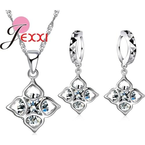 Exquisite Cubic Zircon Crystal Carve Flower Necklace Square Earrings 925 Sterling Silver Brincos Collier Collar Accessory
