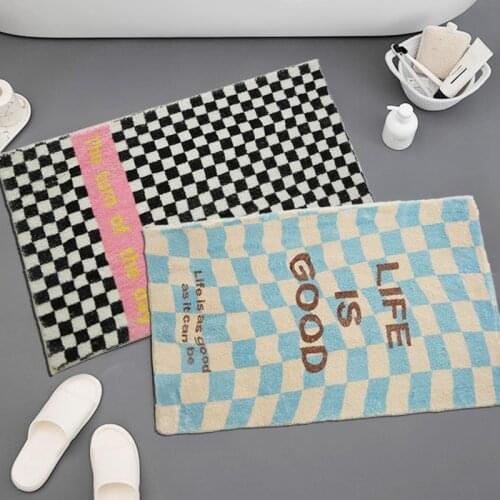Abosrbent Bath Mat Non-Slip Floor Mats Plush Bathroom Carpet Check Pattern Doormat for Bedroom Kitchen Rug Bathtube Side Footpad