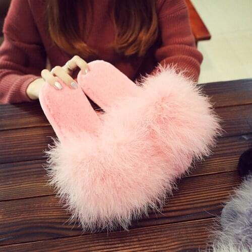 Cute Plush ostrich feather female shoes comfortable soft bottom cotton slipper flat heel warm home slides famous brand sandals