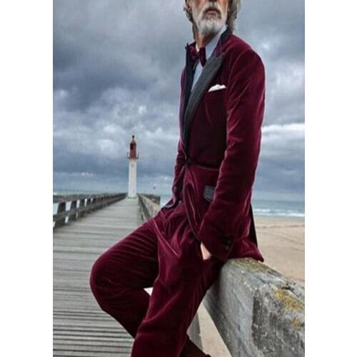 Burgundy Velvet Men Suits 2020 Fall Peaked Lapel Slim Fit Blazer Wedding Groom Tuxedos Man Set Jacket with Pants