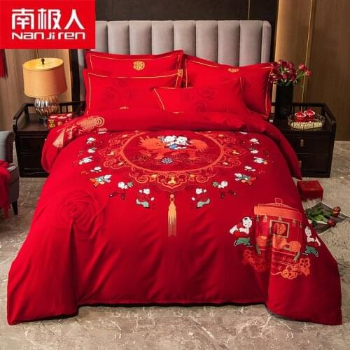NANJIREN Home Textile Products Duvetcover&2pcs Piilowcase&1 Sheet Colorful Red Casual Beathable Festive Cotton Bedding Set