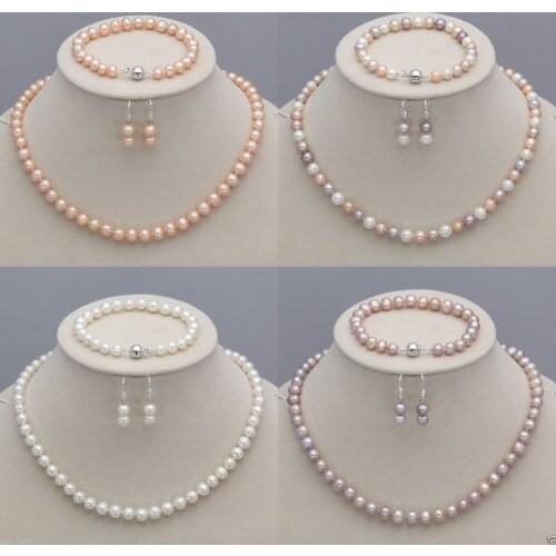 Genuine 7-8mm Natural Akoya Freshwater Pearl Necklace Bracelet Earrings set