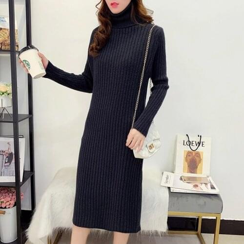 Autumn Winter Long High Neck Straight Sweater Dress Women Korean Style Wild Casual Oversize Dresses Maxi Basic Knit Clothes 3XL