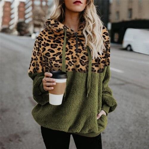 Autumn Winter Fleece Sweatshirts Leopard Patchwork Fluffy Warmthick Hoodies Pullovers Coat Sherpa Tops