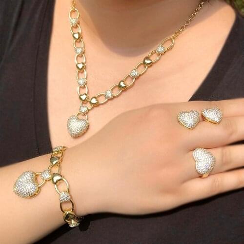 Luxury Sparkling Cubic Zirconia Jewelry Sets Heart Pendant Necklace Bracelet Earrings Adjustable Ring Women Wedding Jewelry Sets