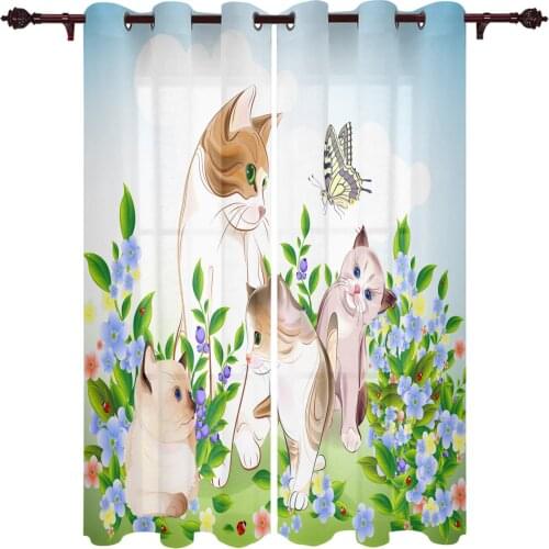 Cat Meadow Flowers Cute Valance Window Curtains For Living Room Bedroom Kitchen Home Luxury Youth Room Treatment Window Curtains