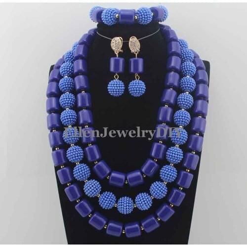 Stylish Royal Blue Nigerian Wedding African Coral Beads Jewelry Set Handmade Dubai Bridal Necklace Sets Free Shipping W12398