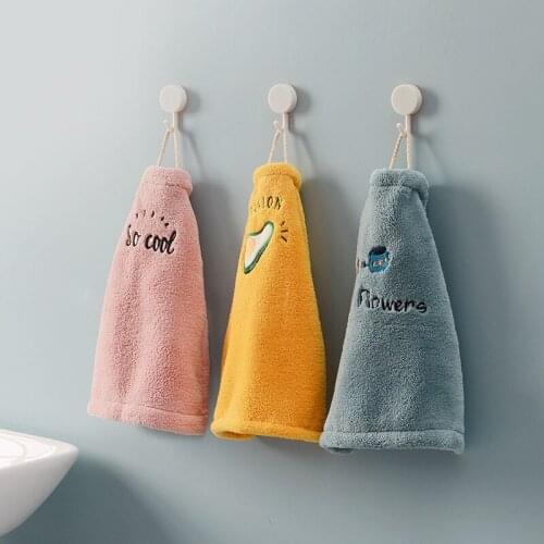 24*27CM Coral Velvet Hand Towel Cute Cartoon Embroidery Hanging Absorbent Dishcloths Cleaning Cloth Kitchen Bathroom Accessories