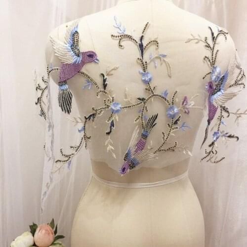 High Quality Purple Flying Bird Embroidery Color Beaded Lace Flower Flower Stickers DIY Clothing Decorative Lace