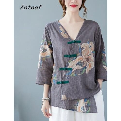 Cotton linen vintage floral casual loose summer tee t shirt women t-shirt ladies tshirt 2021 tops streetwear clothing