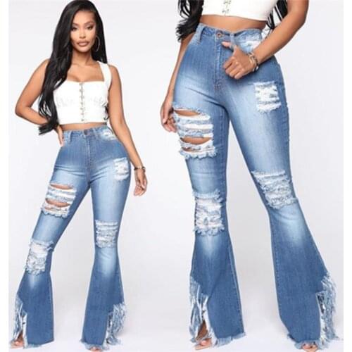Womens Fashion Casual Hole Fringe Flare Jeans