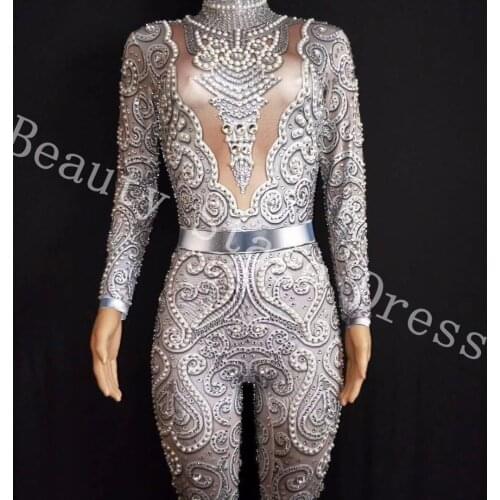 2019 New Silver Crystals Jumpsuit long Sleeves Birthday Celebrate outfit Stretch Sexy Bodysuit Stage Performance Dance Rompers