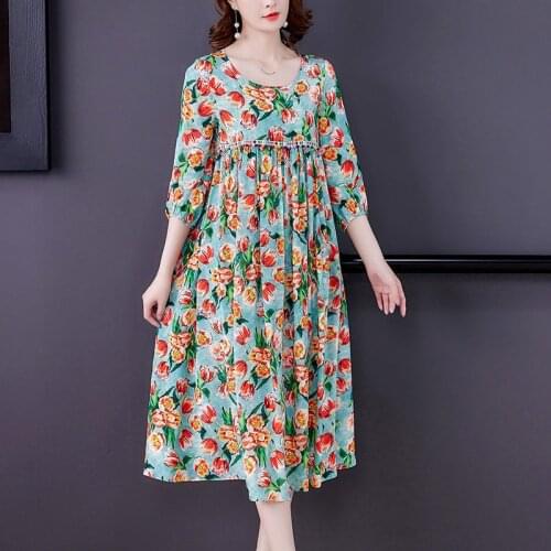 Korean Clothing Fashion Floral Dress For Women Summer 2021 Plus Size 4XL Loose Female Dresses Printed Retro Casual Robes zh1260