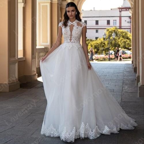 White Beach Wedding Dresses 2021 High Neck A Line Bridal Gown Cap Sleeves Bohemian Vestidos De Novia Formal Boho Bride Dresses
