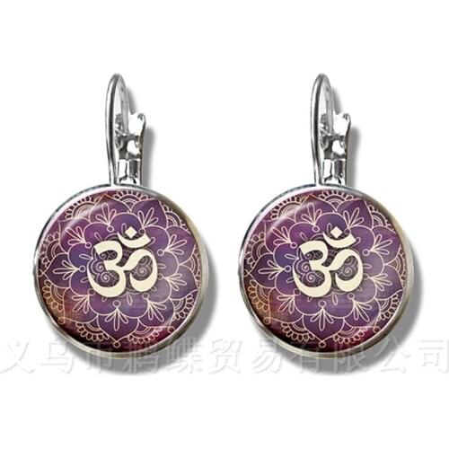 1pc OM Yoga Jewelry Earrings OM Symbol Buddhism Zen Unique Mandala Flower 16mm Glass Dome Henna Silver Plated Stud Earrings